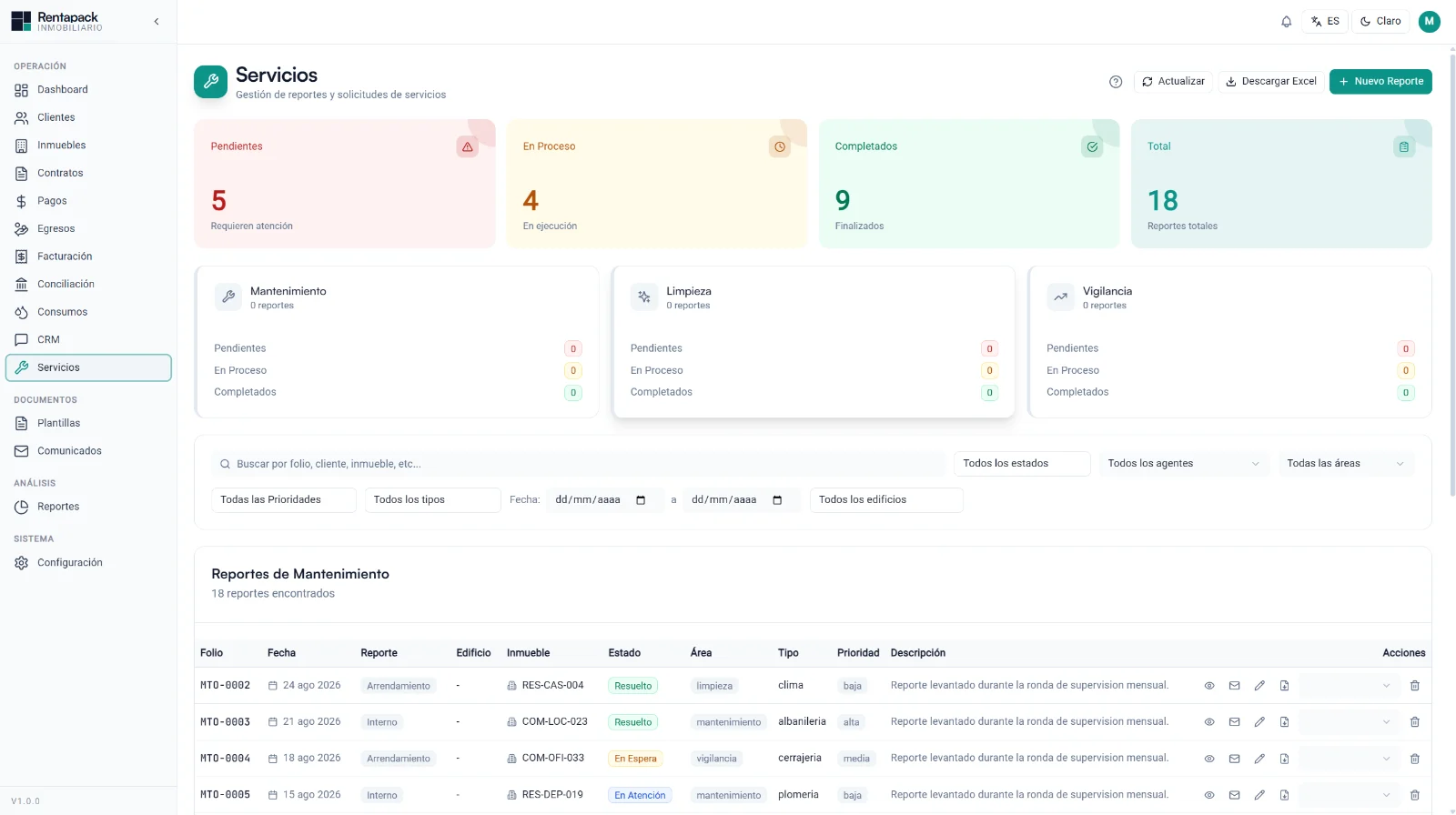 Módulo de servicios en RENTAPACK: reportes de mantenimiento, limpieza y vigilancia con folio, estado, área y prioridad
